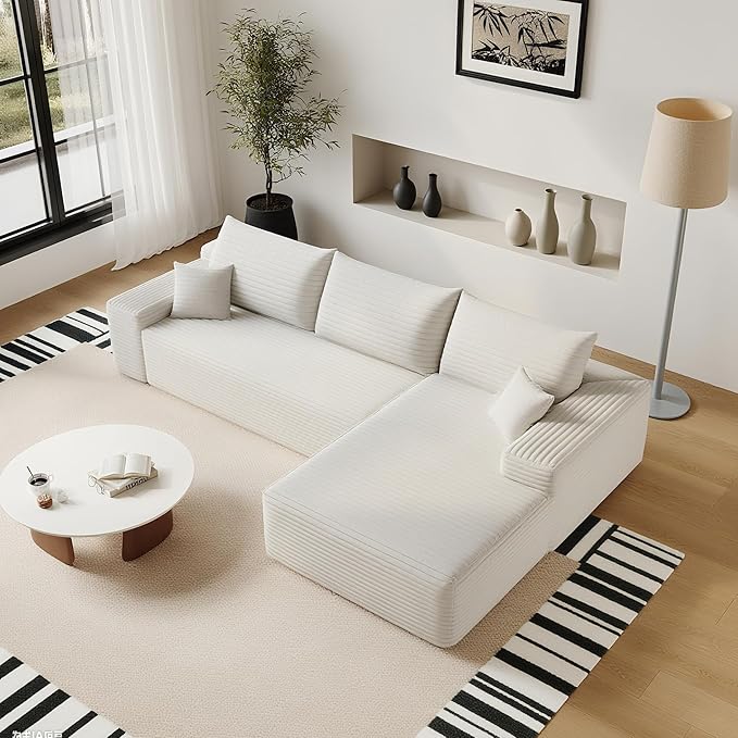 107" Oversized White Cloud L Shaped Sofa - Plush Corduroy Big Couch for Living Room Bedroom Apartment, Right Facing Chaise, No Assembly Required