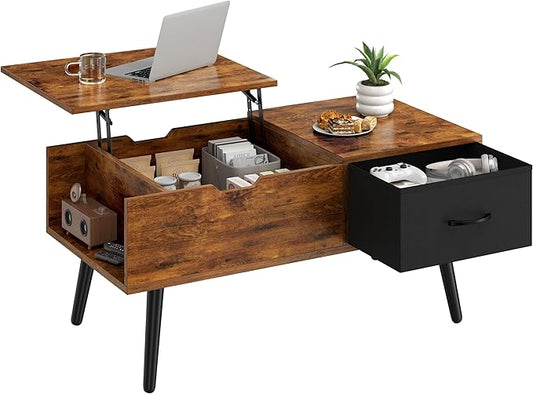 Yaheetech Coffee Table with Storage,39.5'' Lift Top Coffee Table,Hidden Storage Compartment,Foldable Drawer,Lift Tabletop Dining Center Table for Home Living Room Office,Rustic Brown