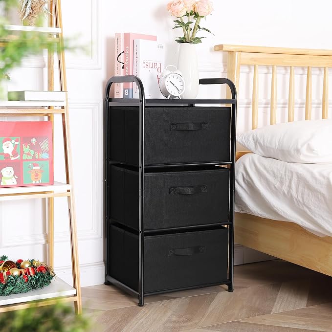 MAX Houser Dresser Storage with 3 Easy Pull Fabric Drawers, Fabric Dresser Tower,Vertical Storage Unit for Bedroom,Chest of Drawers with Metal Frame, Wooden Tabletop, for Living Room, Closet (Black) - Image 4