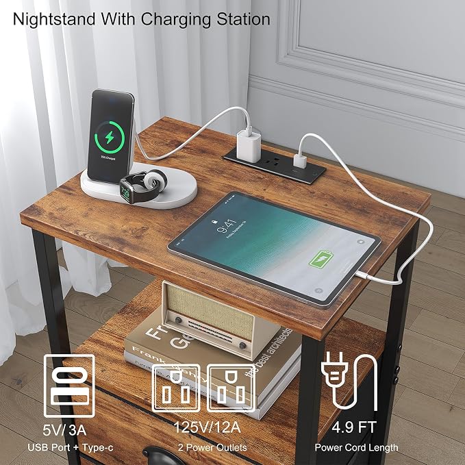 Sthmec Rustic Brown Industrial Nightstand Set of 2, Bedside Table with 2 Fabric Drawers, 3-Tier Storage, LED Light, Charging Station, 11.38''D * 15.38''W* 24.75''H - Image 4