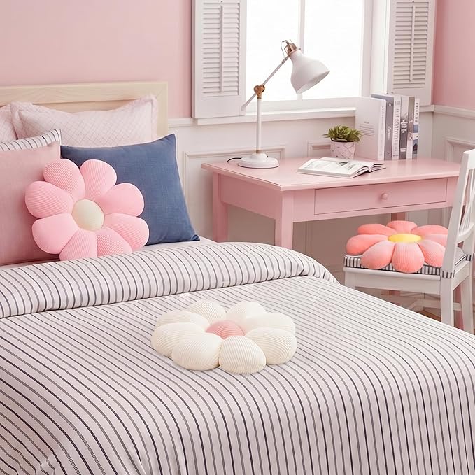 2 Pcs Preppy Flower Decorative Throw Pillows Set for Bed Couch Sofa, 15.35" Cute Pink White Flower Daisy Shaped Pillow for Aesthetic Preppy Bedroom Room Dorm Classroom Decor (White+Pink, 15.35 Inch)