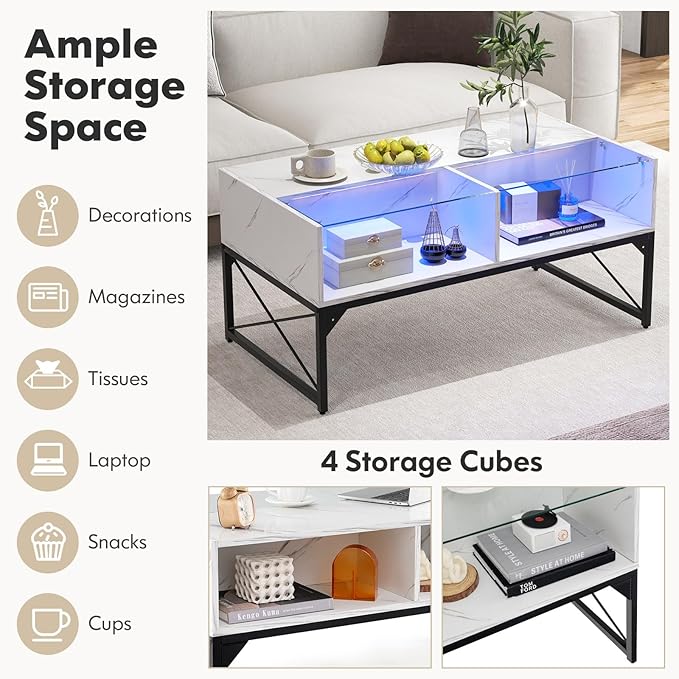 Giantex LED Coffee Table, High Gloss Coffee Tables with 4 Storage Cubes, 20-Color Lights, Remote Control, Faux Marble & Tempered Glass Top, Modern Accent Rectangle Center Table for Living Room (White)