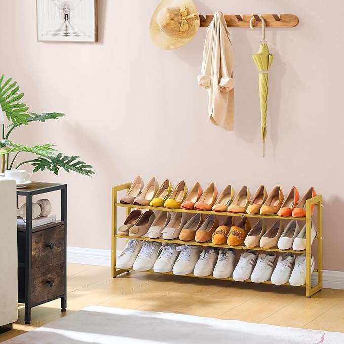 FAVOOSTY 3-Tier Expandable Shoe Rack, Adjustable Shoe Shelf Storage Organizer Space Saving Metal Free Standing Shoe Rack for Entryway Closet Doorway, Gold - Image 9