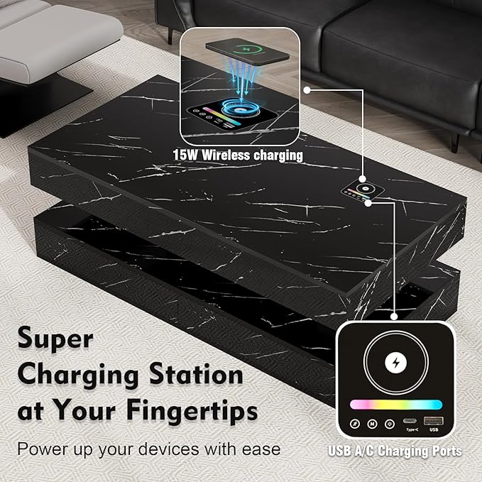47" Modern LED Coffee Table with 2 Drawers, High Glossy Double-Layer Center Table with Wireless Charging and Built-in Bluetooth Speaker Smart Table for Living Room with Marbling