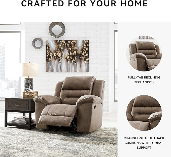 Signature Design by Ashley Stoneland Faux Leather Manual Pull Tab Rocker Recliner, Light Brown
