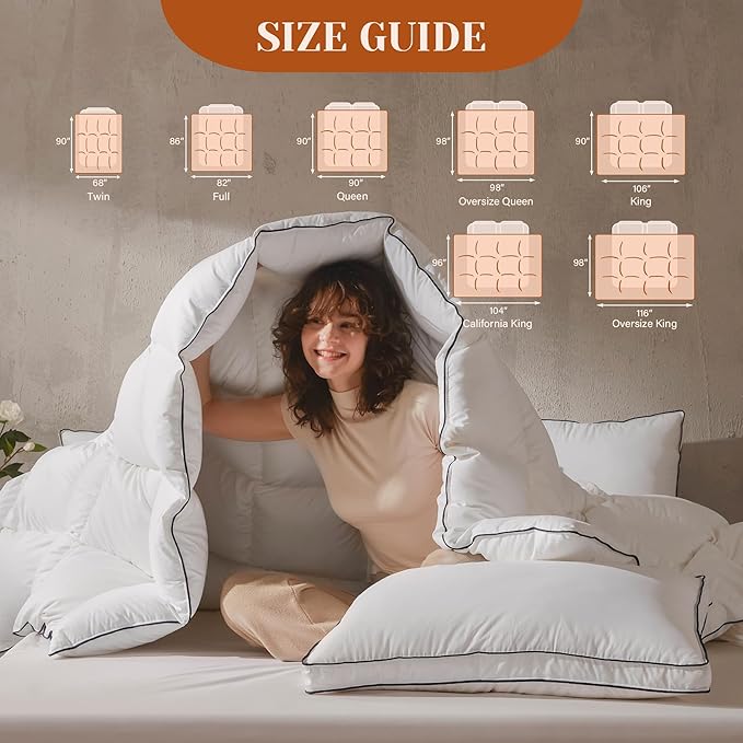 Goose Feather Down Fiber Comforter California King Size, Fluffy Cotton Quilted White Duvet Insert, Ultra-Soft, Breathable, Luxury Bedding Comforter All Season with Corner Tabs, 104x 96Inch
