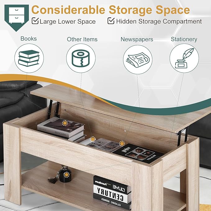 PayLessHere 39.4" Coffee Table Lift Top Coffee Tables with Hidden Compartment and Storage Shelf Wooden Lift Tabletop Dining Table for Living Room Home Small Space, Natural