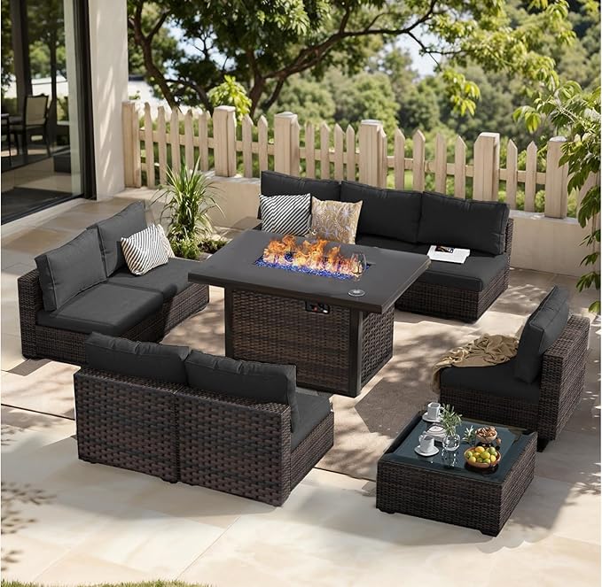 Patio Furniture Set with Fire Pit Table 10 Piece All Weather PE Rattan Outdoor Sectional Sofa Couch with 8 x armless sofa, No-Slip Cushions and Glass Top Table for Garden, Poolside, Backyard (Black)