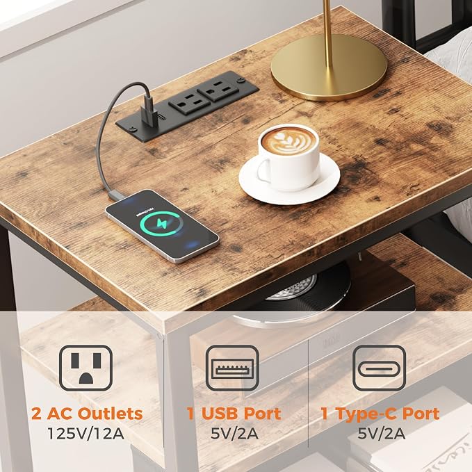 DUMOS Bedside Table with Charging Station and Adjustable Fabric Drawer Compact Nightstand 3-Tier Storage Organizer End Table for Bedroom,Brown - Image 5