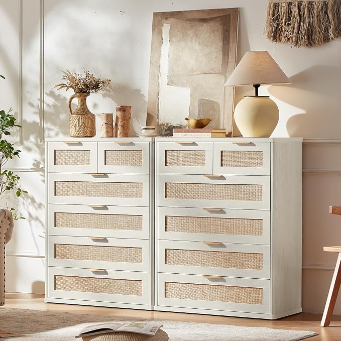 LEYAOYAO White Dresser for Bedroom, 41" Tall Chest of Drawers, Modern 6 Drawers Boho Rattan Dressers with Storage, Dresser Wooden Closet Organizer for Living Room, Hallway - Image 2