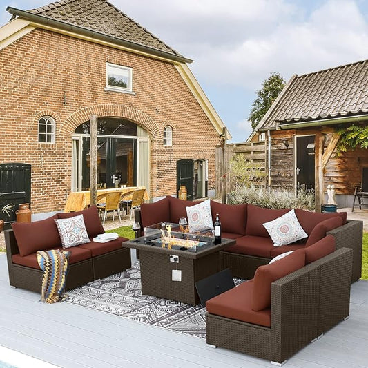 BULEXYARD 9 Piece High Back Outdoor Sectional Couch Set with Fire Pit, Luxury Weather-Resistant Patio Furniture Set, Comfy Extra Large 8-Person Backyard Seating Group L-Shape for Exterior, Brown & Red