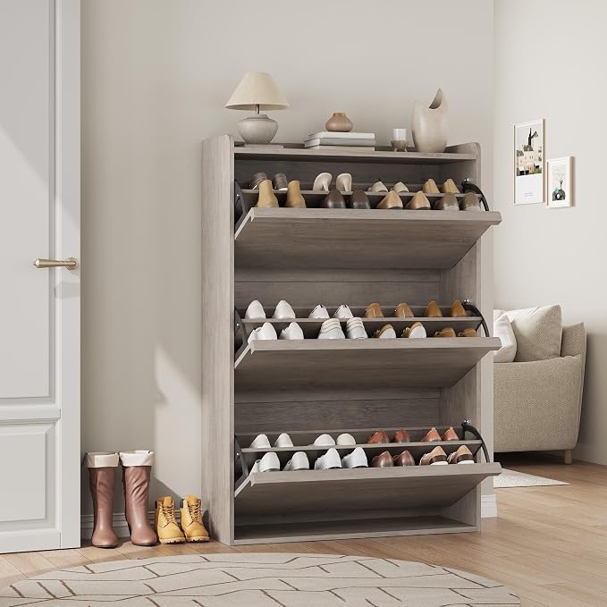 GarveeHome Shoe Cabinet with 3 Flip Drawers, Wooden Shoe Organizer Cabinet with Adjustable Shelf, Shoe Storage for Entryway, Hidden Shoe Cabinet for Hallway, Living Room, Grey - Image 4