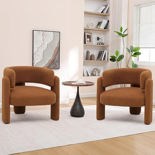Accent Chairs Set of 2, Modern Sherpa Barrel Chairs, Upholstered Living Room Chairs with 3 Legs, Comfy Armchair Reading Side Chair for Bedroom, Office, Apartment, Brown