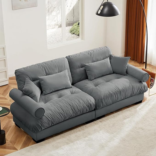 KEIKI 94" Oversized Velvet Modular Sectional Loveseat Sofa with High-Density Foam Cushions and Bolstered Armrests, Upholstered Modern Style 2-Seater Cloud Couch with 4 Pillow, for Living Room, Grey