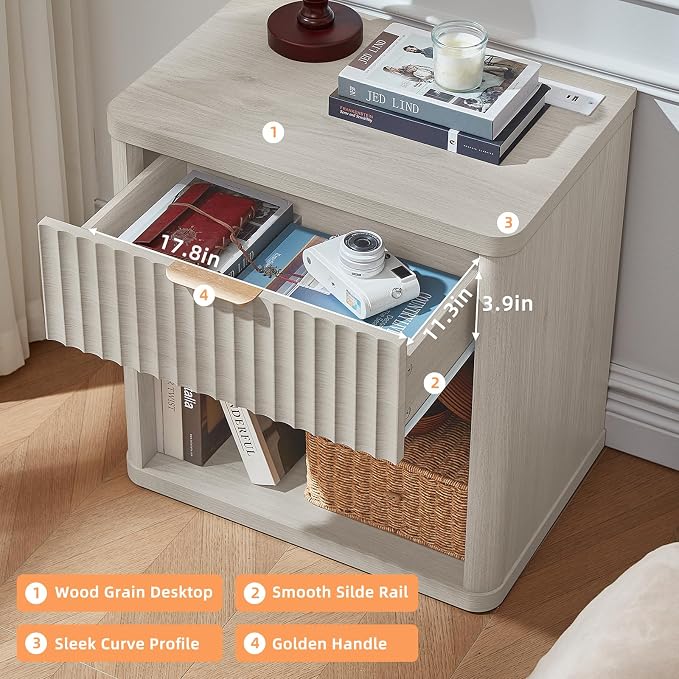 LEYAOYAO Fluted Farmhouse Nightstand Set of 2 with Charging Station, 23" Wide 1 Drawers Night Stand,LightGrey Dresser for Bedroom,Bed Side Table Chest of Drawers,Wood End Table for Living Room - Image 8