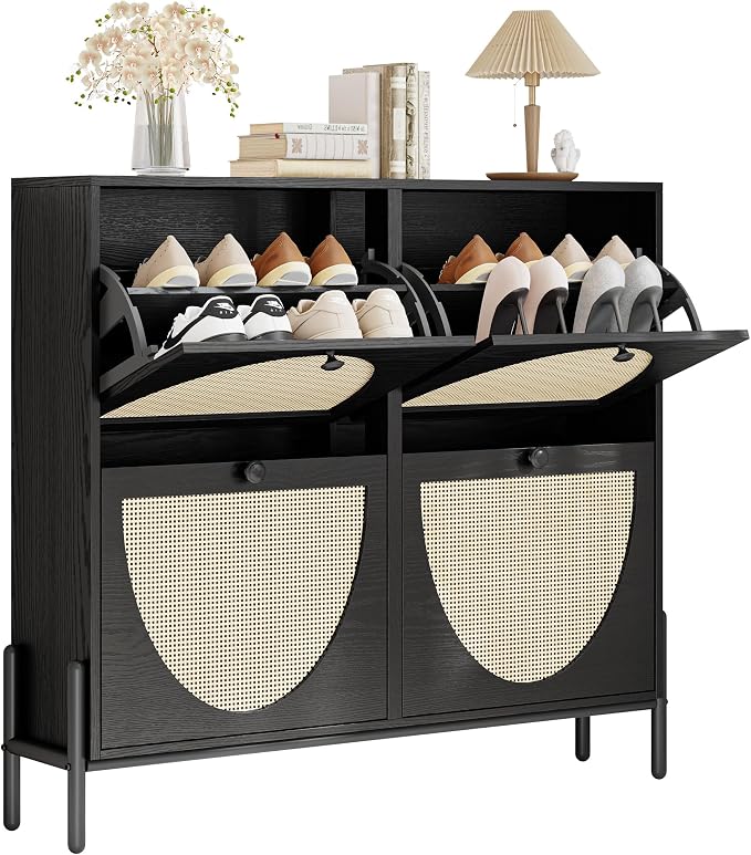 IRONCK Rattan Shoe Cabinet Storage with 4 Flip Drawers, Freestanding Shoe Storage Organizer Cabinet for Entryway, Narrow Shoe Rack Cabinet, Matte Black by IRONCK