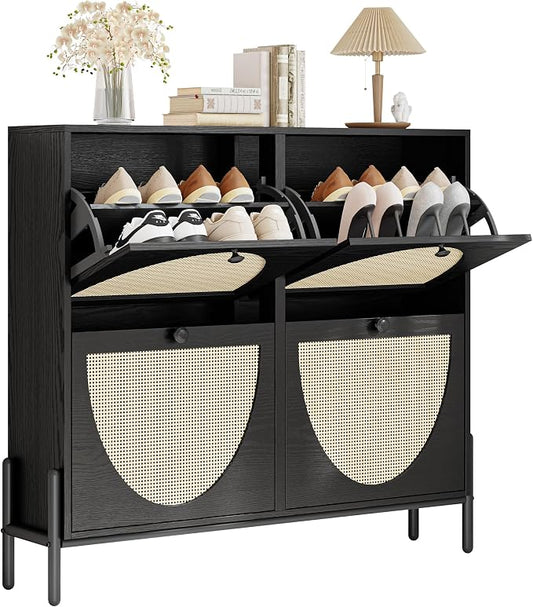 IRONCK Rattan Shoe Cabinet Storage with 4 Flip Drawers, Freestanding Shoe Storage Organizer Cabinet for Entryway, Narrow Shoe Rack Cabinet, Matte Black by IRONCK