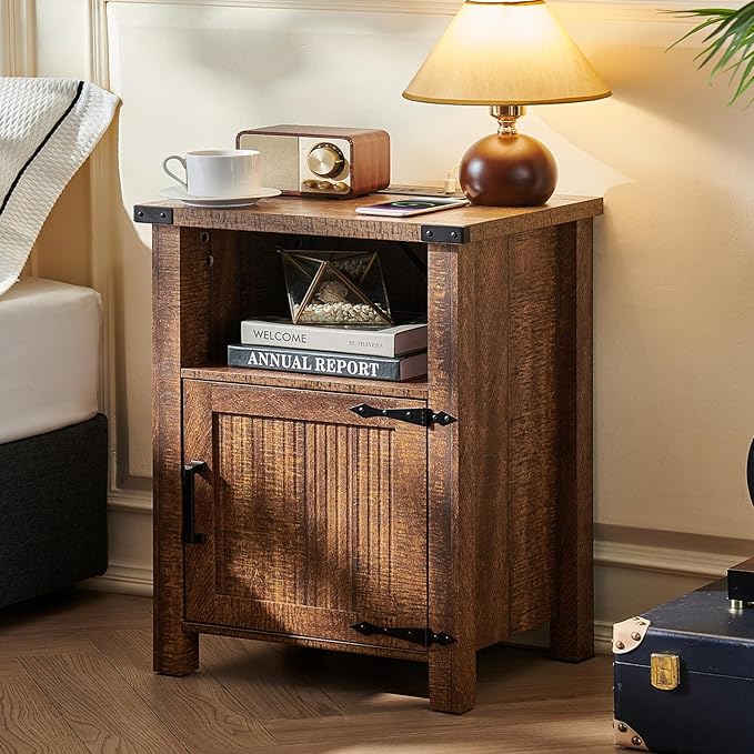 Joaxswe Night Stand Set of 2, 18 Inch Farmhouse Nightstand with with Charging Station and USB Port, Rustic Wood Bedside Table with Magnetic Door, Bed Side Tables for Bedroom, Reclaimed Barnwood - Image 2