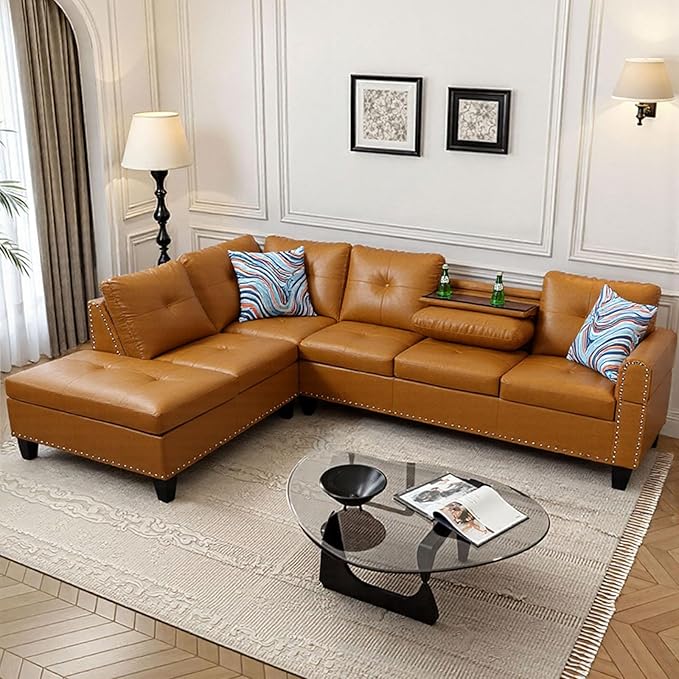 L Shape Sectional Couch with Chaise, 97.5 Inch Modular Sofa with Cup Holders, Sectional Couches for Living Room, Ergonomic Reclined Backrest, for Office and Small Apartment, Ginger