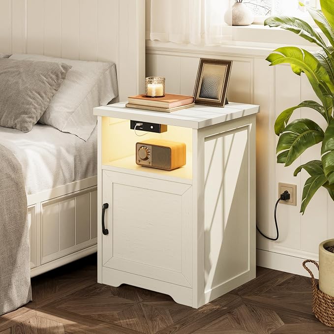 AODK Farmhouse Nightstand Set of 2, Side Table with Charging Station & LED Lights, End Tables with Storage and Open Shelf, Rustic Beside Tables for Bedroom, Rustic White - Image 2