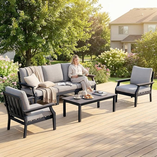 HDPE Patio Conversation Set, 6-Piece All Weather Outdoor Furniture Set with 2 Single Armchairs for Deck, Lawn, with Cushion, Black
