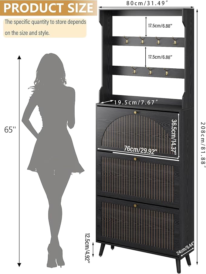 Fsbecl Shoe Cabinet for Entryway with 3 Flip Drawers & Coat Rack, Narrow Hidden Shoe Storage Cabinet with Fluted Panel, 2-in-1 Hall Tree Slim Freestanding Shoe Rack Organizer for Hallway, Black - Image 2