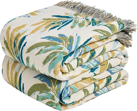 Boho Throw Blanket - 100% Cotton Throw Blankets for Bed Couch, 50"x60" Soft Muslin Lightweight Spring Throw Blanket, Cozy Plant Printed Bohemain Bedding Decor Green Throw Quilt