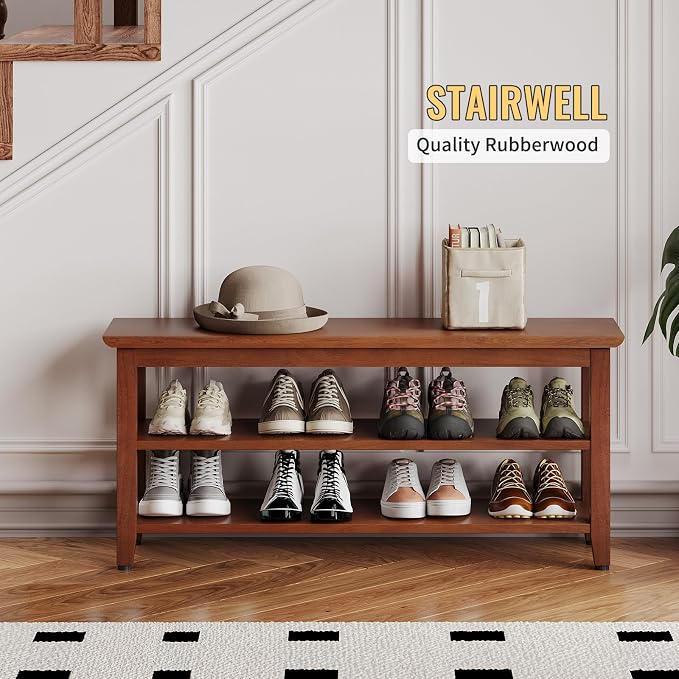 Wood Shoe Bench for Entryway,Bench with Shoe Rack,Storage Shoe Organizer for Hallway,Living Room,Bedroom (Brown, 39.37''W×11.81‘’D×17.71‘’H) - Image 7