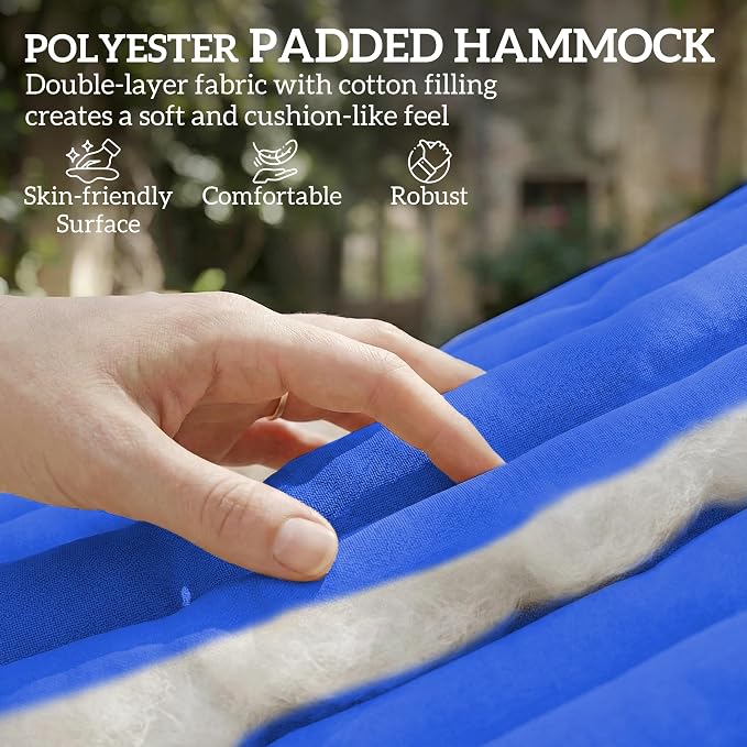 Outsunny Outdoor Hammock, 2-Person Hammock with Head Pillow and Pad, Wood Spreader Bars, 440 lbs Capacity, for Patio Yard Garden, 128" x 55", Navy Blue - Image 3