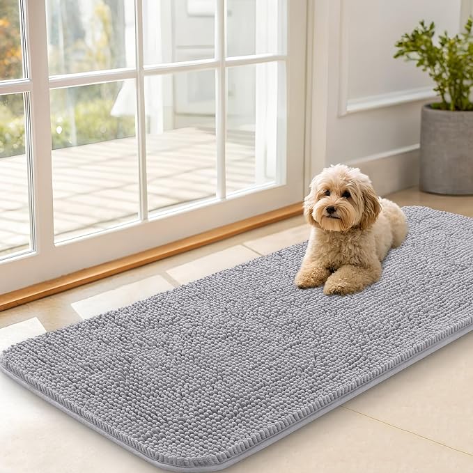 OLANLY Dog Door Mat for Muddy Paws 47x20, Absorbs Moisture and Dirt, Absorbent Non-Slip Washable Doormat, Quick Dry Chenille Mud Mat for Dogs, Entry Indoor Entryway Carpet for Inside Floor, Light Grey by OLANLY