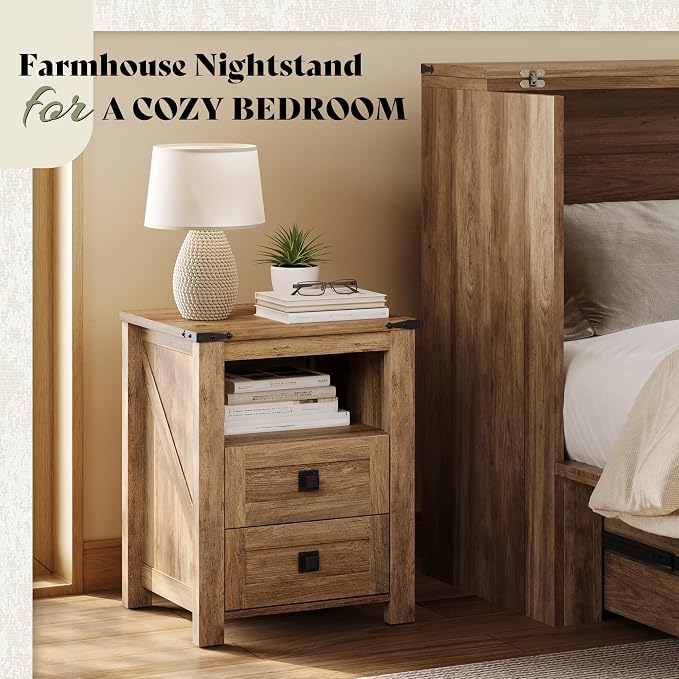 AMERLIFE 18" Farmhouse Nightstand Set of 2, Wooden Bedside Table with 2 Drawers & Open Shelf, Rustic Wood End Table for Bedroom or Living Room, Barnwood - Image 3