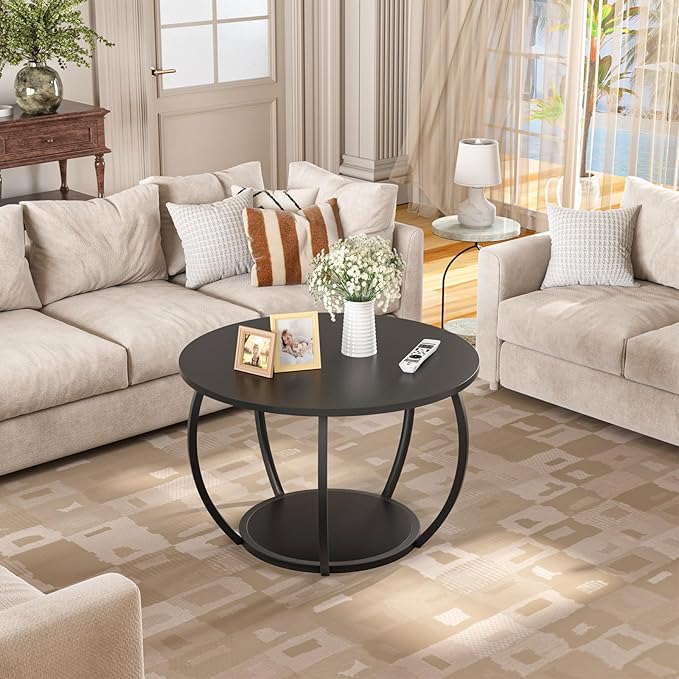 GreenForest Round Coffee Table with 2-Tier Open Storage, 27.6 inch Small Circle Coffee Tables with Adjustable Feet, Modern Mini Center Table for Small Living Room, Black