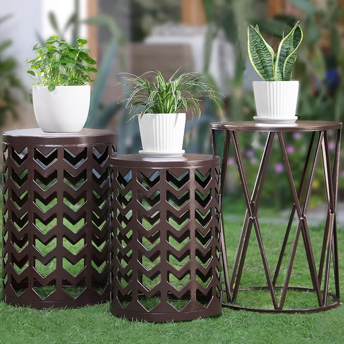 Y&M Set of 3 Round Heavy-Duty Side Table End Table, Coffee Table for Indoor Multifunctional Use, Outdoor Decorative Garden Stool Plant Stand-Pure Brown(Ship from US) - Image 2