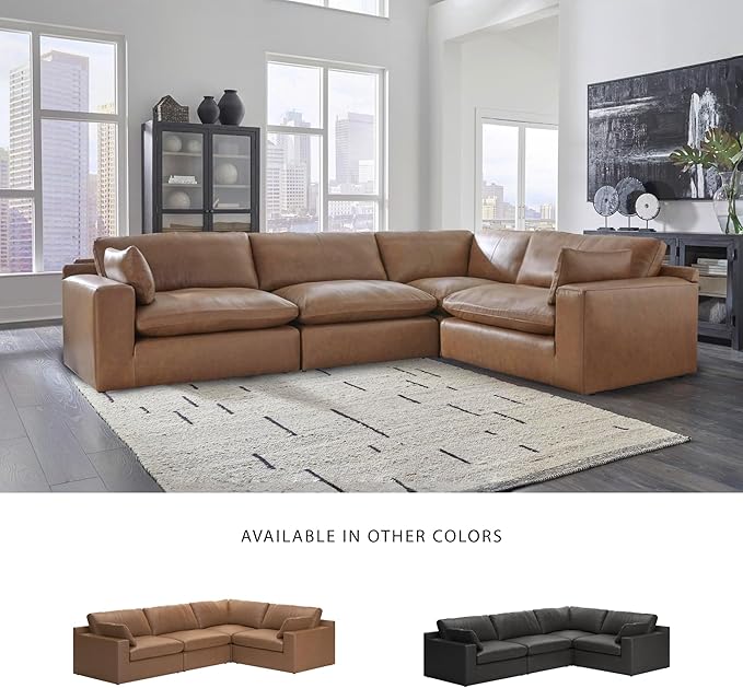 Signature Design by Ashley Emilia Modern L-Shaped Leather Match Modular Anti Sag 4-Piece Sectional with Loose Back Cushions and 2 Bolster Pillows, Orange