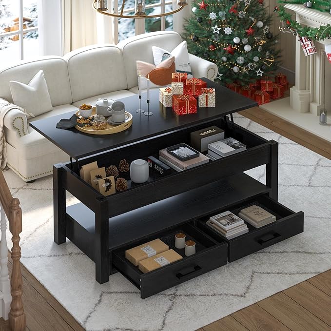 FABATO 41.7'' Lift Top Coffee Table with 2 Storage Drawer Hidden Compartment Open Storage Shelf for Living Room Folding Wood End Table, Black