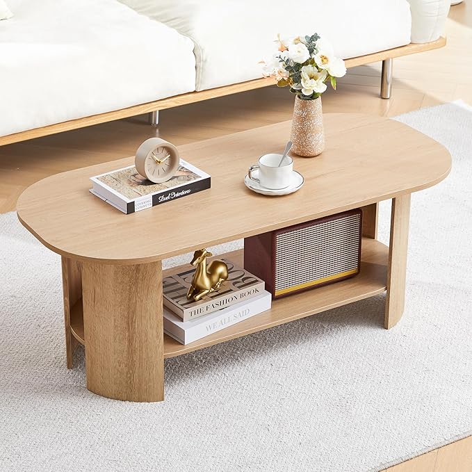 Oval Coffee Table for Living Room, 43.3” Farmhouse Coffee Tables with Storage, 2-Tier Wood Center Table with Storage Shelf Low Tea Table for Small Space, Home, Office, Easy Assembly (Natural)