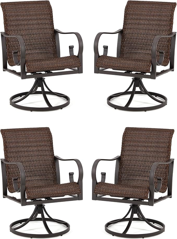 EROMMY Patio Swivel Chairs Set of 4, Heavy Duty Outdoor Dining Chair with 23.5'' High Back, Extra-Large Water-Fall Seat, Rattan Wicker Porch Chair Gentle Rocker for Outside, Dark Brown by EROMMY