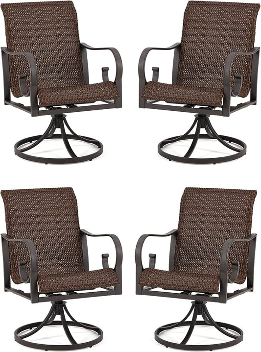 EROMMY Patio Swivel Chairs Set of 4, Heavy Duty Outdoor Dining Chair with 23.5'' High Back, Extra-Large Water-Fall Seat, Rattan Wicker Porch Chair Gentle Rocker for Outside, Dark Brown by EROMMY