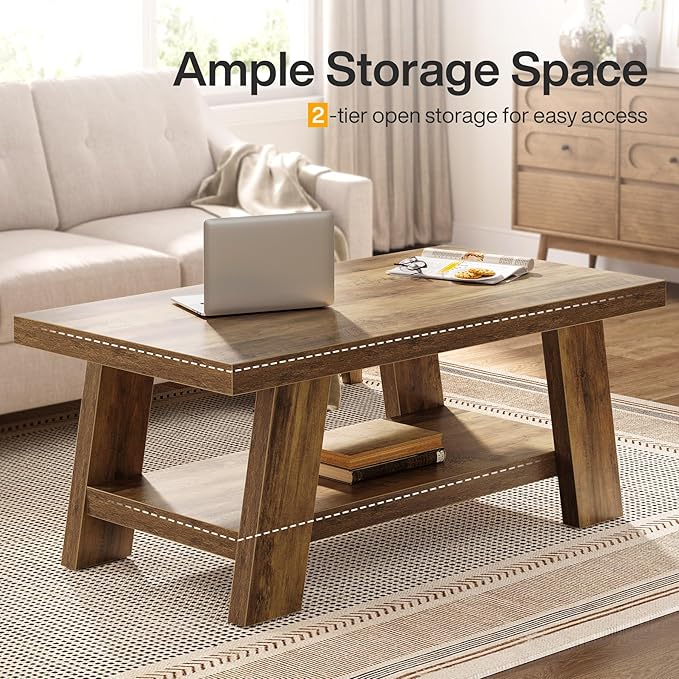 Tribesigns Farmhouse Coffee Tables for Living Room, 47.24" Rectangle Coffee Tables with Storage Shelves, Rustic Wooden Center Table for Apartment, Home Office (Rustic Brown)