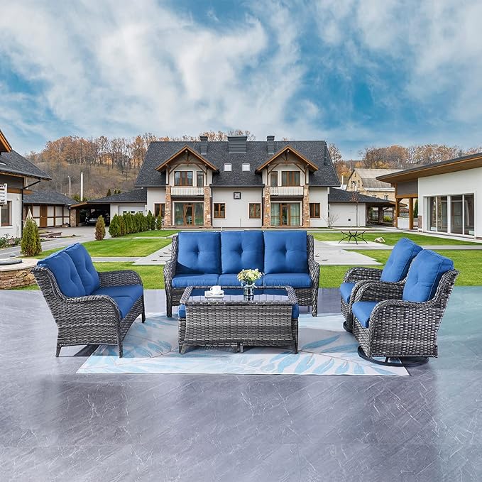 Rilyson Wicker Patio Furniture Set - 7 PC Rattan Outdoor Sectional Conversation Sets with 2 Rocking Swivel Chairs,2 Ottomans,1 Sofa,1 Loveseat and 1 Coffee Table for Porch Deck(Mixed Grey/Blue)