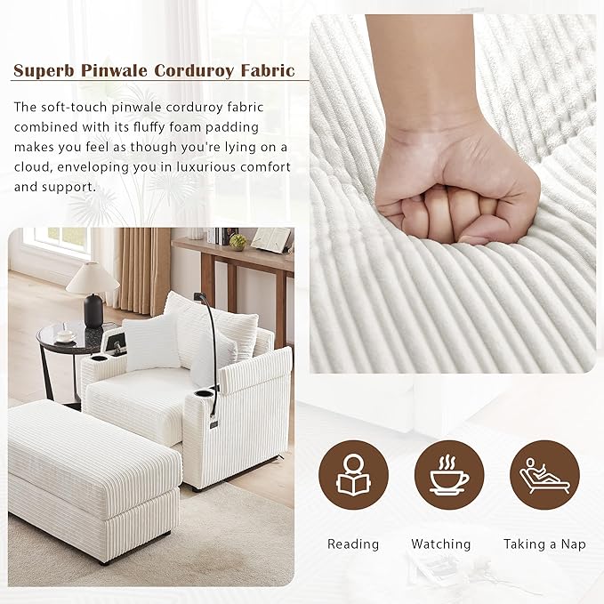 Merax Modern Upholstered Indoor Chaise Lounge with A Phone Holder, Charge Station & Cup Holders, Single Sofa Couch with Armrest and A Movable Ottoman, Beige