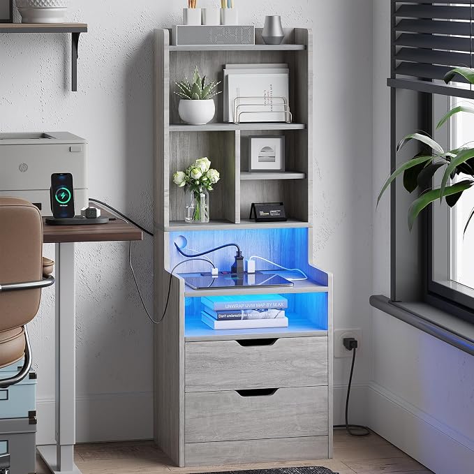 ADORNEVE Tall Night Stand with Charging Station and LED Lights,Nightstand with Bookshelf,Bedside Table with Drawers & Power Outlets,End Side Table for Bedrooms (Grey) - Image 2
