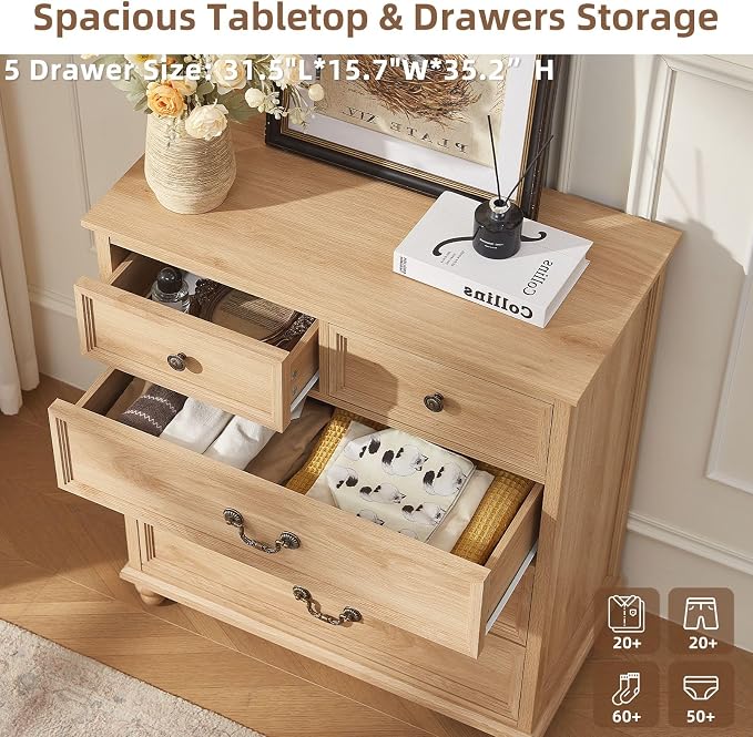 Joaxswe Farmhouse 5 Drawer Dresser for Bedroom, 35" Tall Rustic Chests of Drawers w/ 4 Solid Wood Feet, Mid Century Modern Wooden Closet Storage Dressers Organizer for Living Room, Hallway,Natural - Image 4