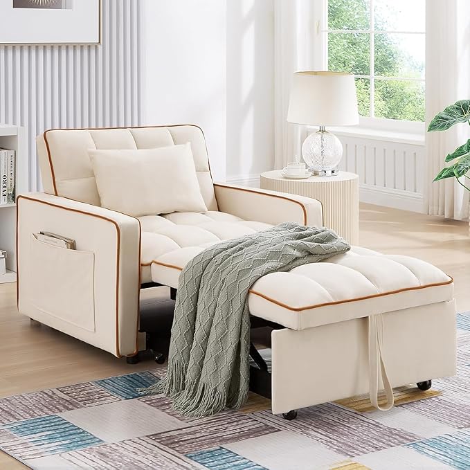 Convertible Sleeper Chair, Pull Out Chair Sleeper with Pillow, Chairs Bed Sleepers for Adults, 3 in 1 Sofa Bed Chairs for Small Spaces, Living Room, White