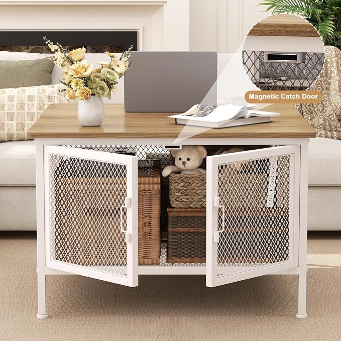 FABATO Lift Top Coffee Table, Square Coffee Table Metal Wood, Farmhouse Lift Up Coffee Tables Cocktail Table with Wire Mesh Barn Door and Storage, Steel Frame, Small Tea Tables for Living Room, White