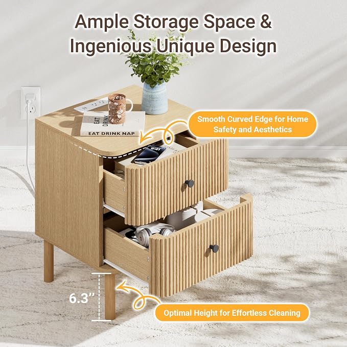 Fluted Nightstand, Modern Night Stand, 2 Drawers Nightstand with Charging Station, Wooden End Table Rounded Corners & Solid Wood Legs, Bedside Table for Bedroom Sofa Home Office,Natural Oak - Image 4