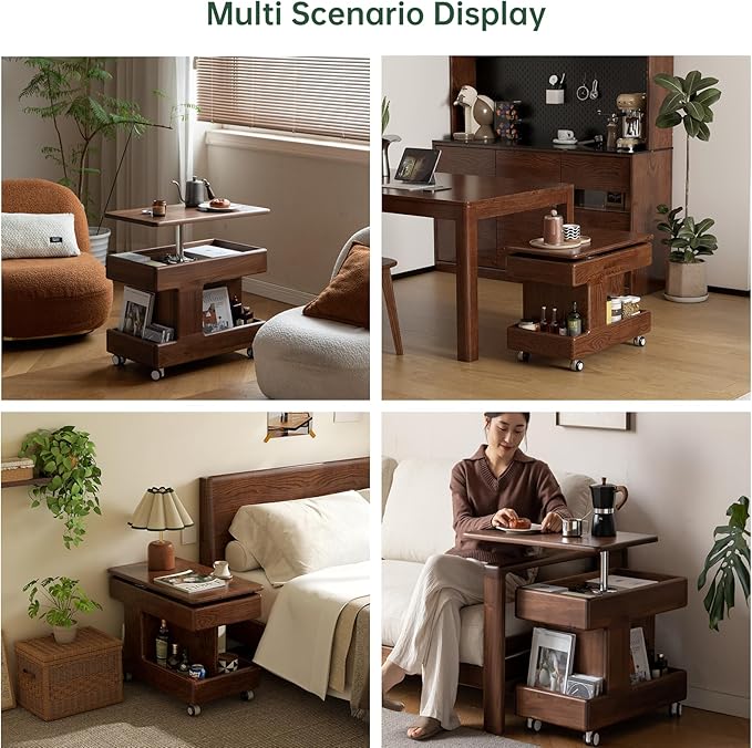 100% Solid Wood Lift Top Coffee Table with Storage, Small Coffee Table with Wheels and Rotating Desktop, Living Room Table for Bedroom, Recliner and Small Places(Walnut, No Need to Install)