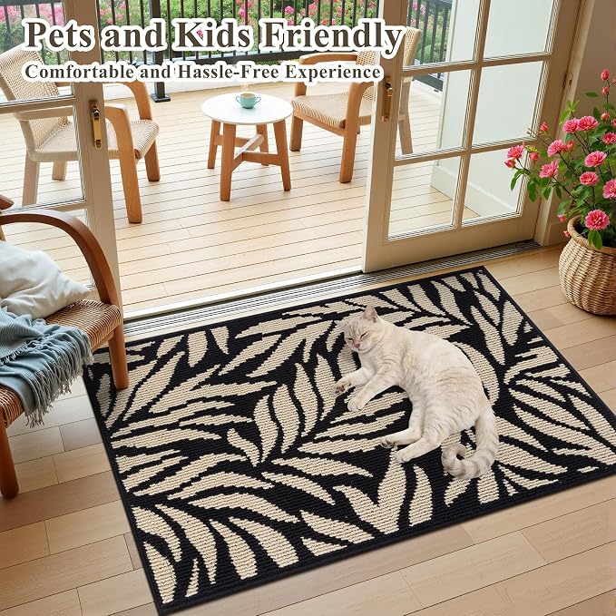 Ileading Indoor Door Mat 2x3ft, Absorbent Dog Muddy Paws Mats, Low-Profile Leaves Small Entrance Runner Carpet with Non-Slip Rubber Backing, Washable Inside Welcome Mat for Hallway,Kitchen (Black) - Image 2