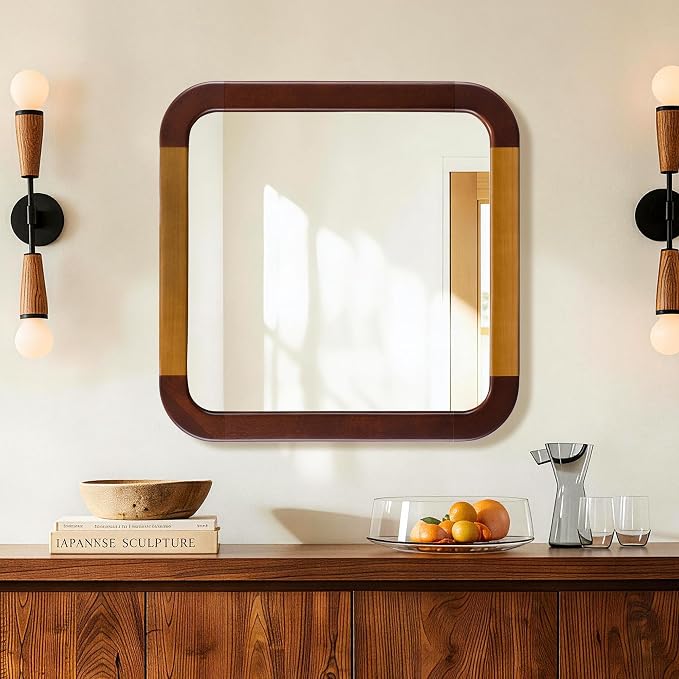 Bathroom Mirror 24 x 24 Inch,Brown Wood Rustic Rectangle Tempered Wall Mirror with Wood Frame,Round Corner Farmhouse Wooden Vanity Mirror for Living Room,Entryway or Bedroom（Walnut Brown） - Image 3