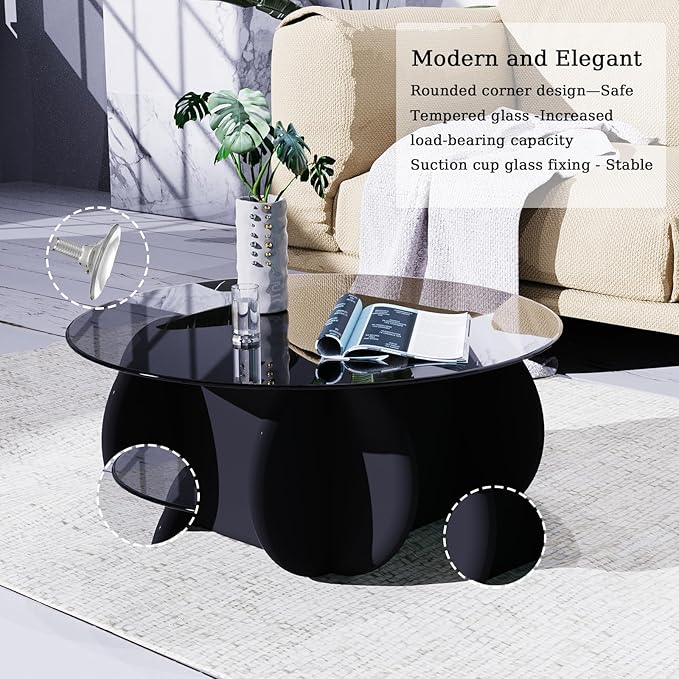 Black Glass Top Coffee Table Modern Elegant Round Coffee Tables with Solid Wood Legs and Tempered Glass Tabletop for Living Room Home Small Space Reception Office Tables 31.5"